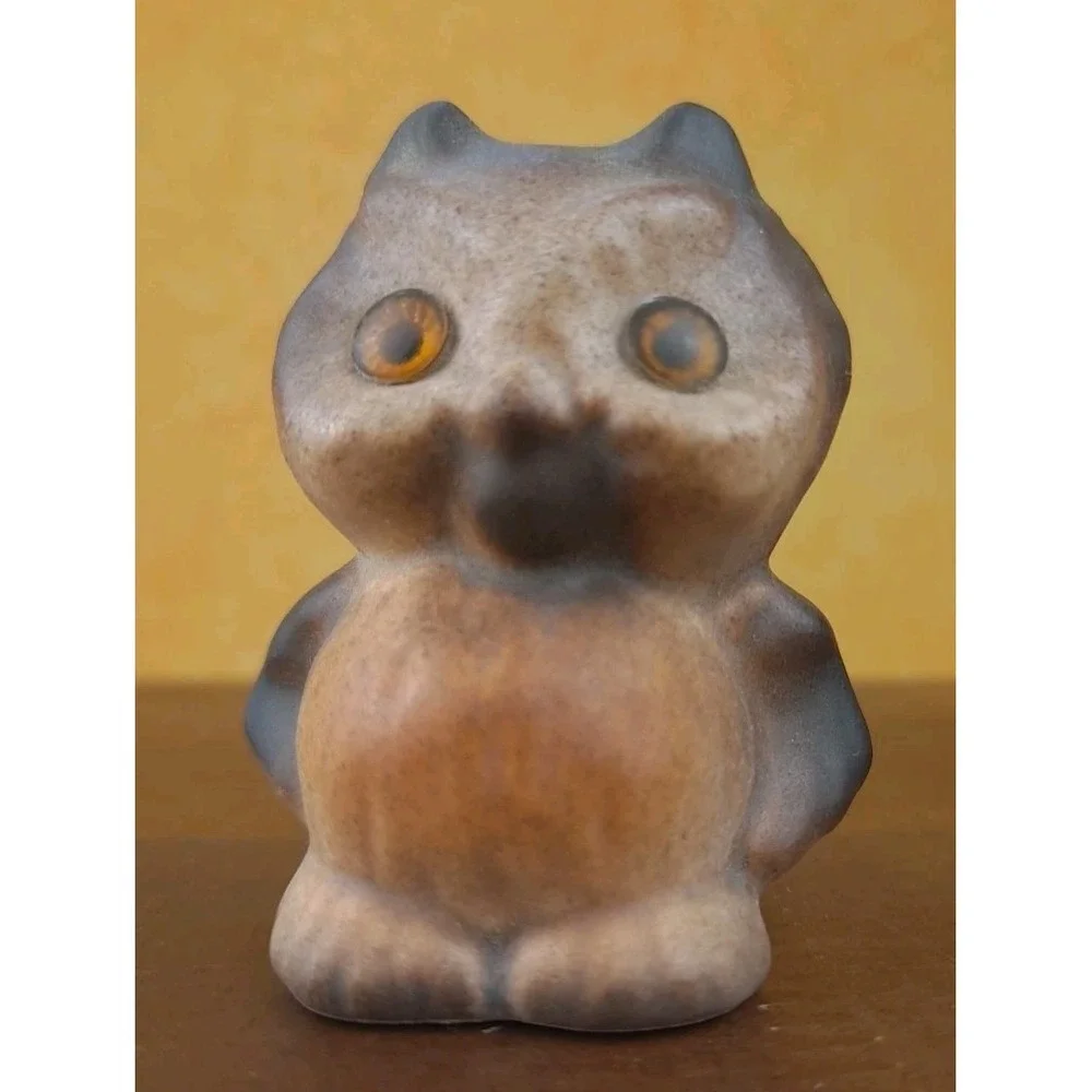 Owl Mini Figurine‎ 2-1/4 Brown Glass Eyes US Pottery Ceramic